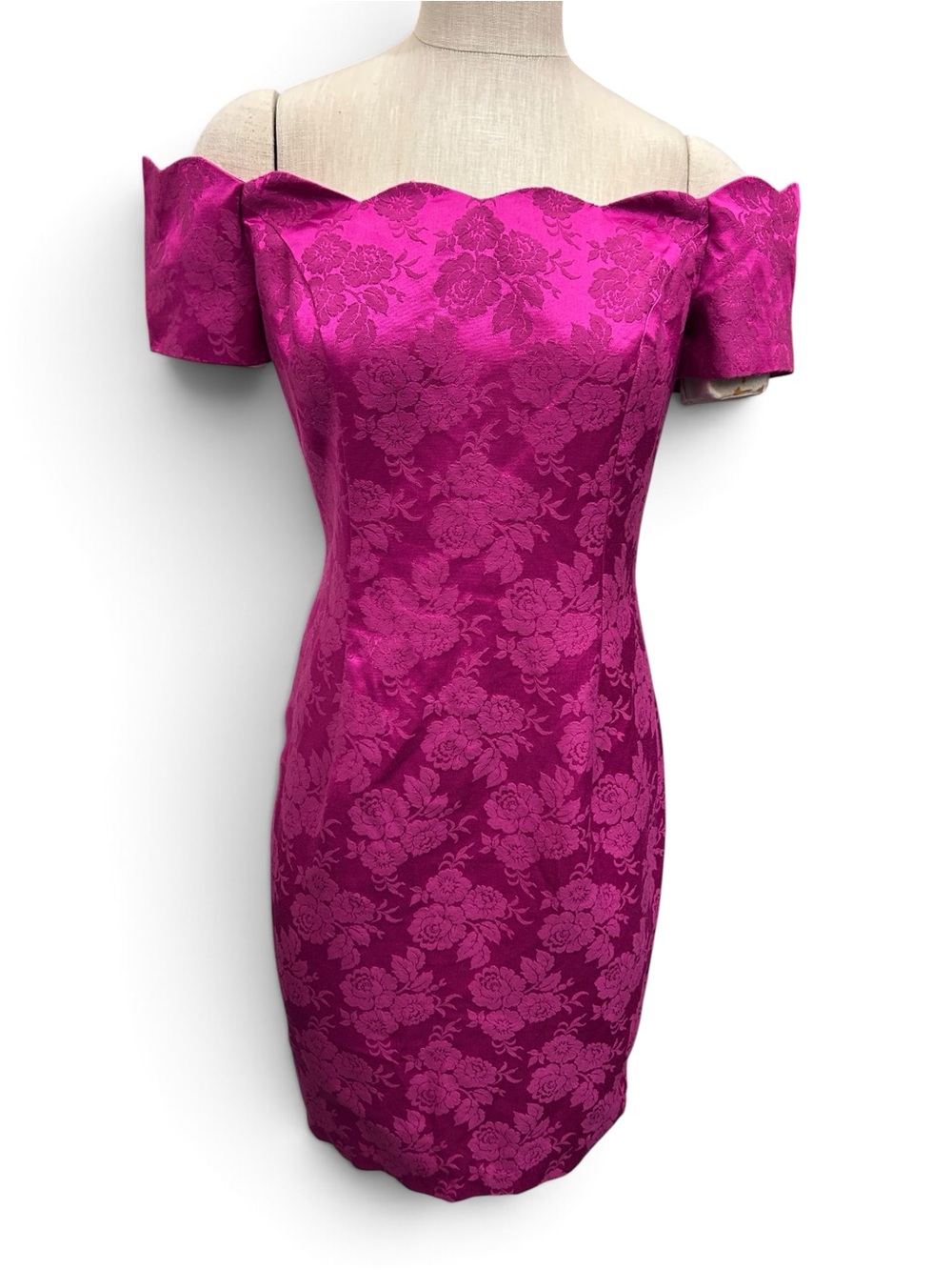 Vintage Roberta 80s Dress Women 4/6 Pink Floral Damask Off Shoulder